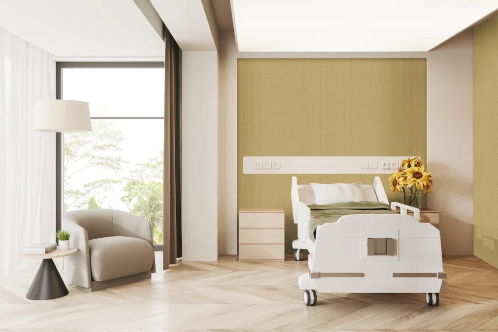 Hospital Room Interior with Bed and Drawer with Desk