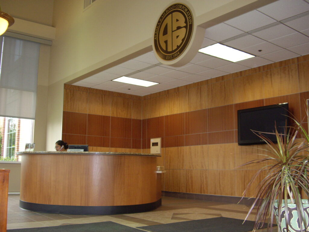 Railroad station lobby with receptionist