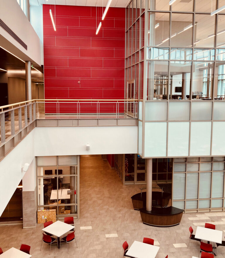 Red wall in high school leading to library